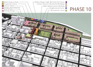 Site plan showing new vision for low-income housing and neighborhood redevelopment. Site plan showing new vision for low-income housing and neighborhood redevelopment envisioned by the Hoboken Housing Authority.