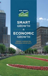 Cover of smart growth recommendation brochure showing buildings on a city green